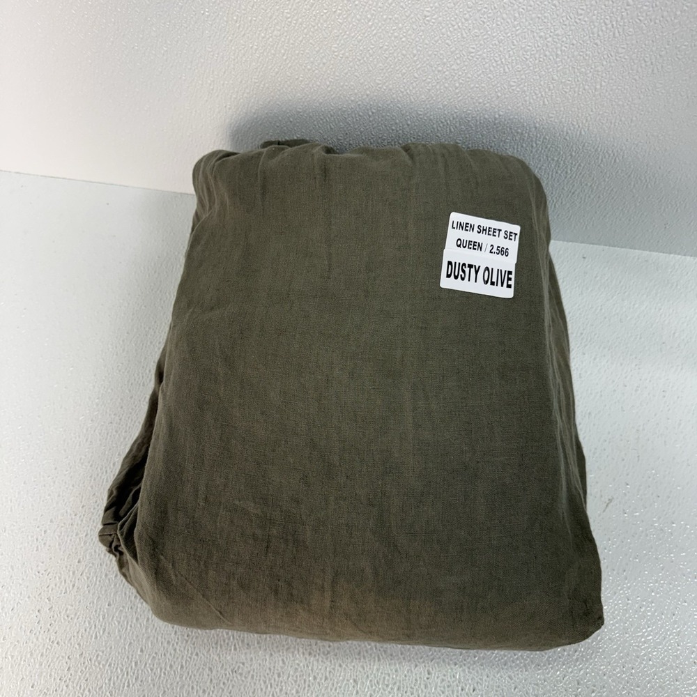 Quince European Linen Sheet Set Queen Size Dusty Olive 4 Piece with Flat Sheet